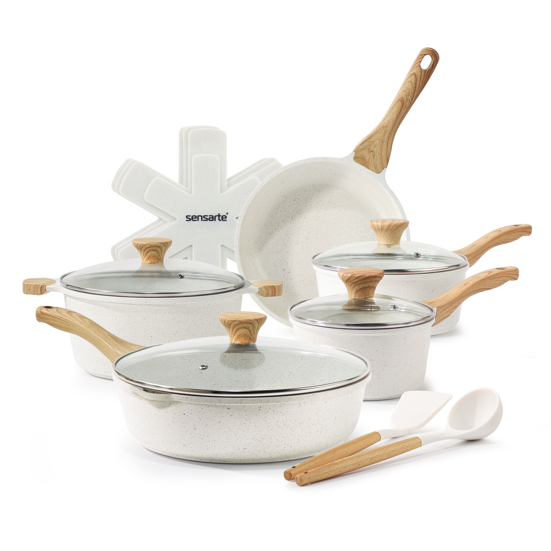 SENSARTE Ceramic Nonstick Pots and Pans Set 17 Pieces Granite White