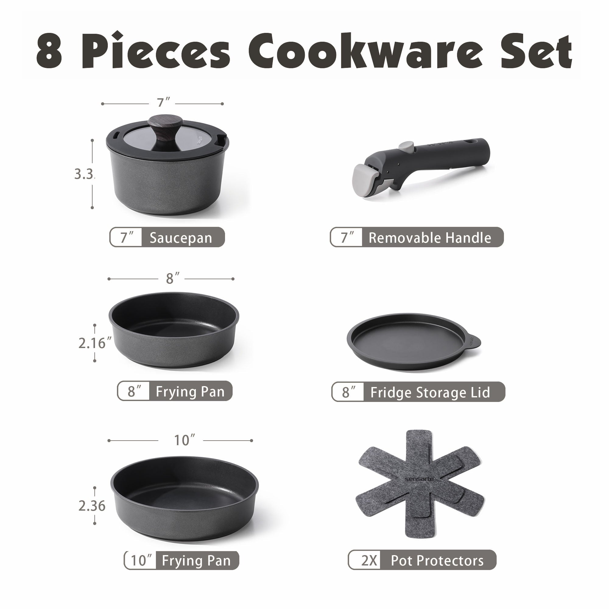 SENSARTE Nonstick Cookware Set with Detachable Handle 8pcs Black