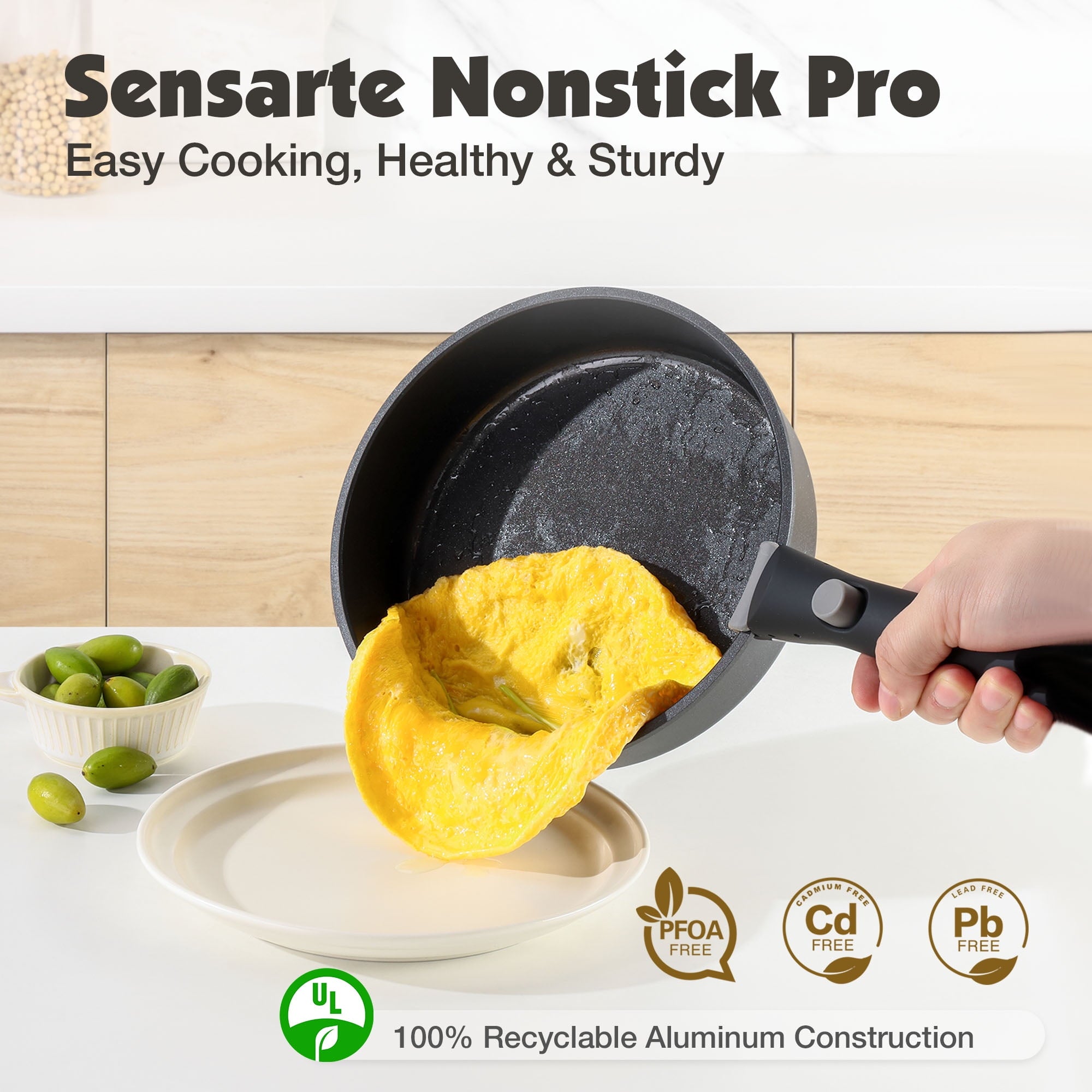 SENSARTE Nonstick Cookware Set with Detachable Handle 8pcs Black